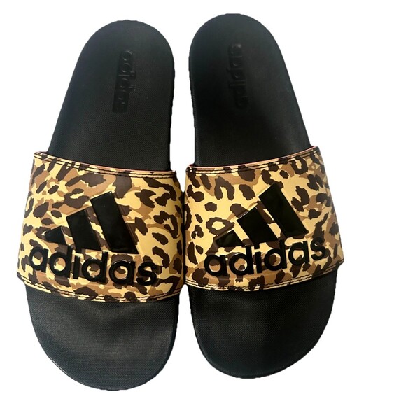 Adidas Adilette Comfort Slide Women's 8 Black Brown Leopard Sandals GZ6412 - Picture 3 of 9